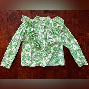 Olivaceous Green and White Floral Button-Up Blouse